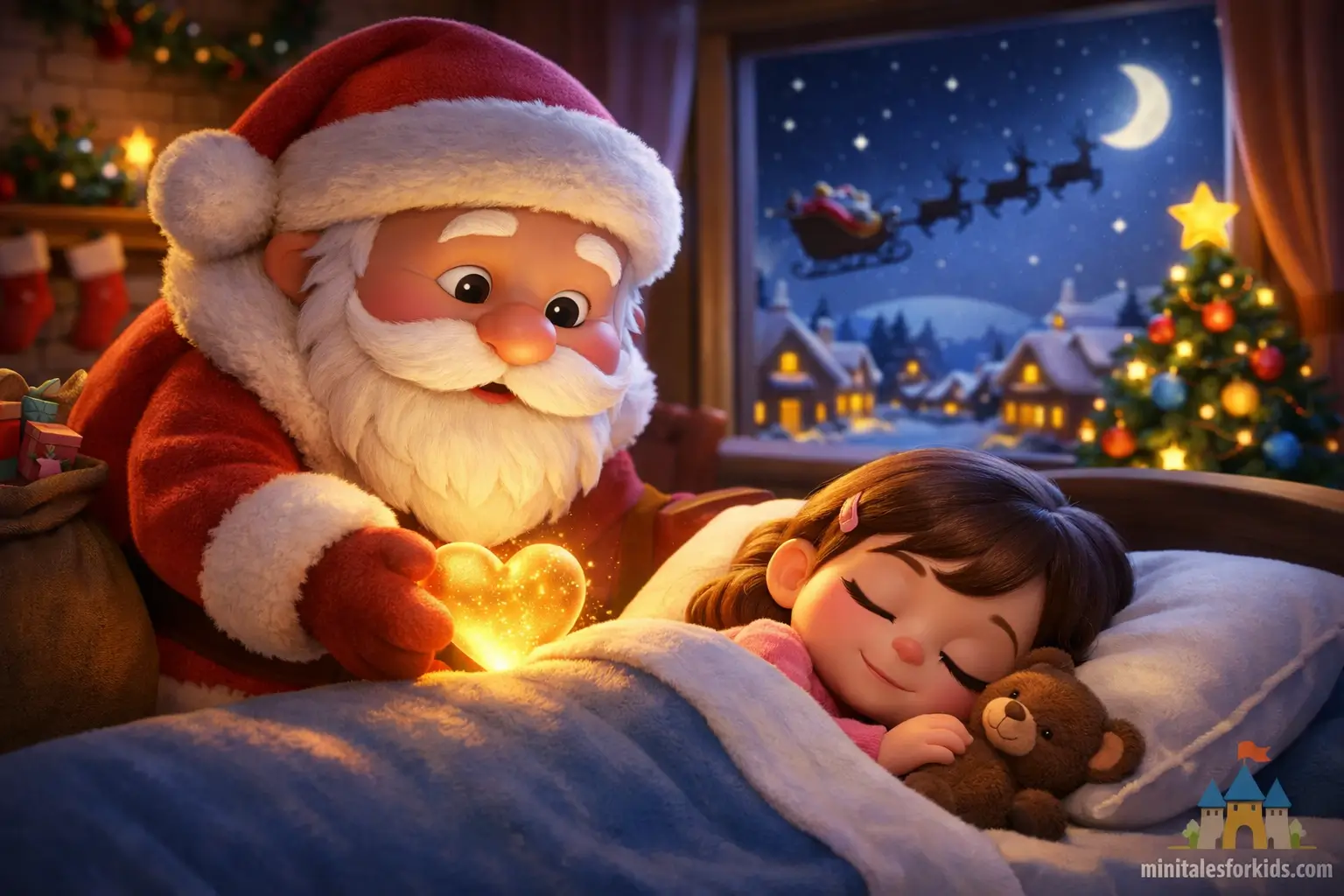 A 3D animated scene of Santa Claus leaving a gift of hope and love for a sleeping child on Christmas Eve.