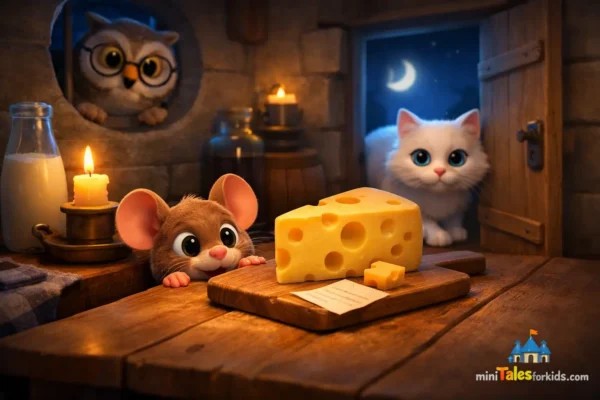 A 3D animated version of the "Mouse and Midnight Cheese" fairy tale, featuring a cute mouse and cat looking at cheese in the kitchen.