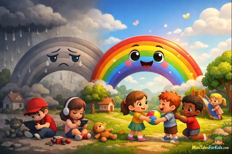 An educational 3D animation visual depicting a rainbow that has lost its colors and children learning to share.