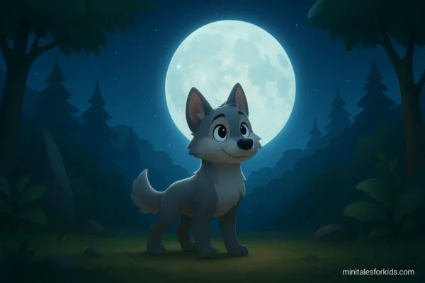 3D animation style children's story image of cute little wolf Luna standing under the moonlight