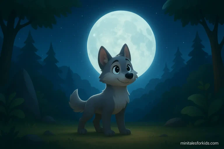 3D animation style children's story image of cute little wolf Luna standing under the moonlight