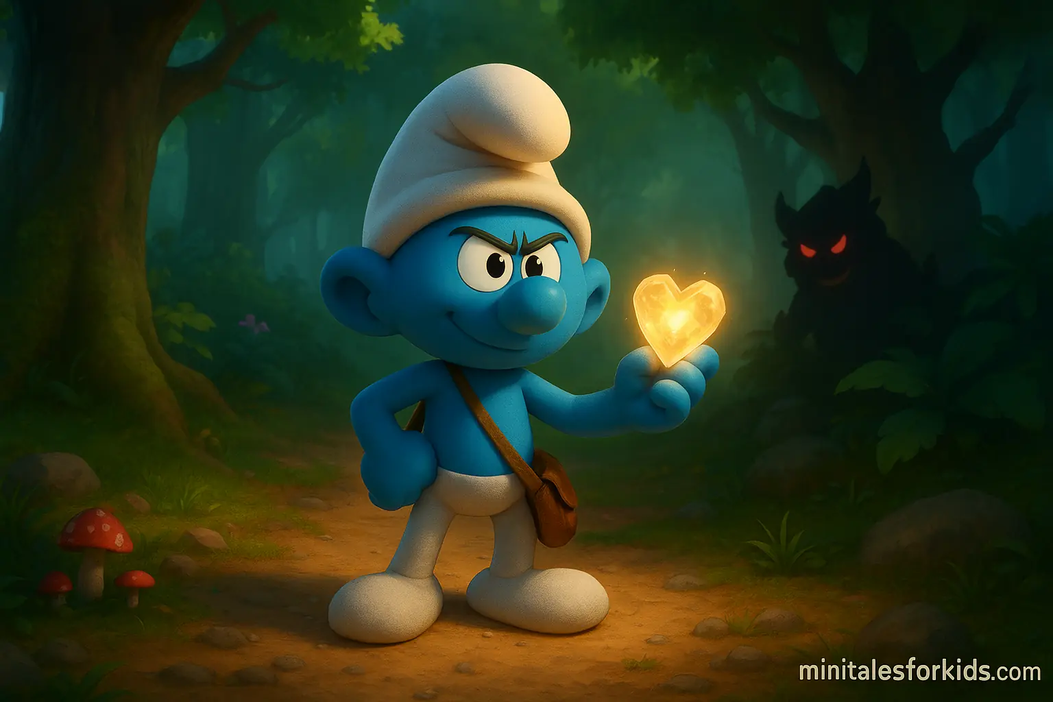 A wordless 3D animated children's fairy tale scene where Brave Smurf protects the Heart of Light in the magical forest.