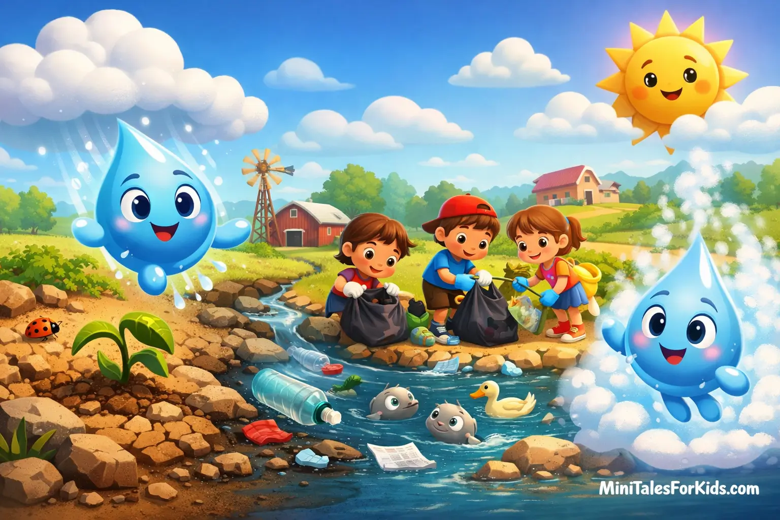 A 3D animated scene featuring Benny the brave water droplet, depicting children cleaning a stream and promoting nature conservation.