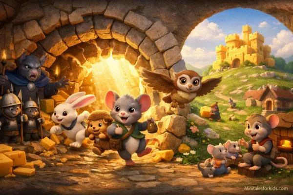 A wordless 3D children's fairy tale animation scene featuring a mouse, rabbit, hedgehog, and owl escaping from the Great Cheese Castle.
