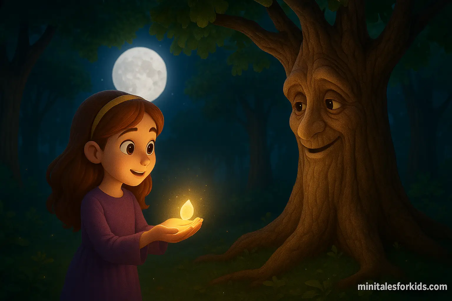 Luna and the talking old tree holding a magic seed in the moonlight – 3D animated children's fairy tale scene