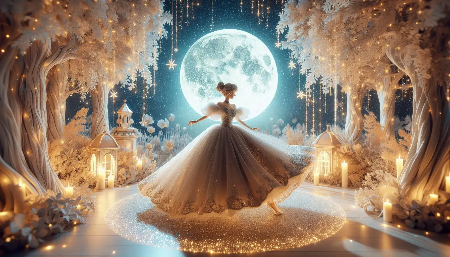 Scene of girl in silver dress and little moon fairy standing beside magic moon carriage in shining forest under moonlight with 3D animation.