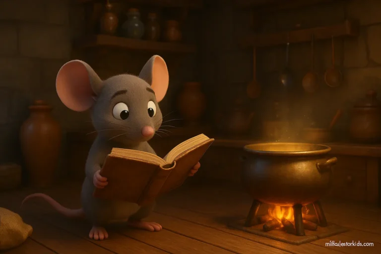 3D animated drawing of a cute mouse character holding a magical recipe book in a magical kitchen.