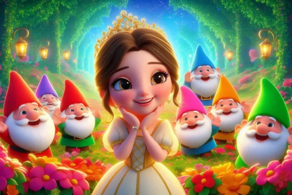 A horizontal 3D animation scene depicting the fairy tale of Snow White and the Seven Dwarfs, featuring Snow White in the forest with the dwarfs, presented in a colorful and magical way for children.