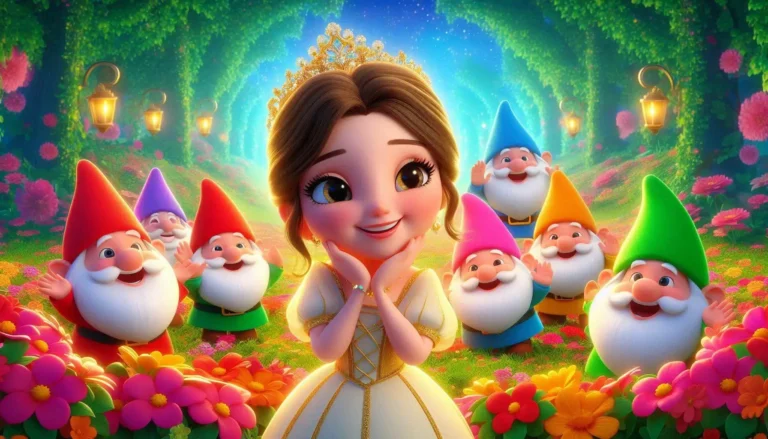 A horizontal 3D animation scene depicting the fairy tale of Snow White and the Seven Dwarfs, featuring Snow White in the forest with the dwarfs, presented in a colorful and magical way for children.