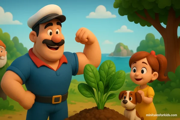 A 3D animated fairytale scene for children as Popeye discovers a hidden spinach treasure.