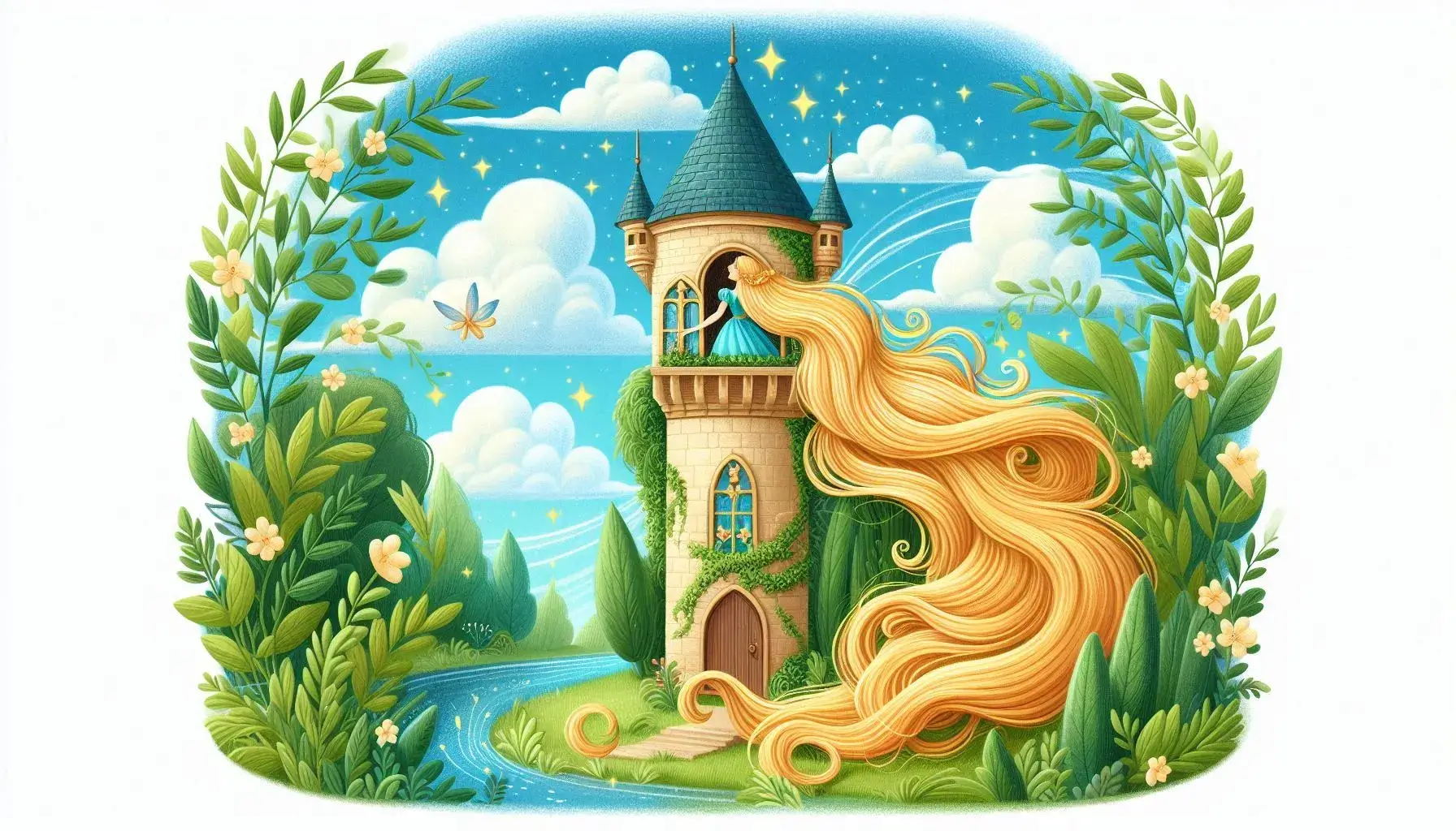 A horizontal 3D animation depicting the Rapunzel fairy tale, featuring Rapunzel with her long golden hair in the tower and a magical atmosphere.