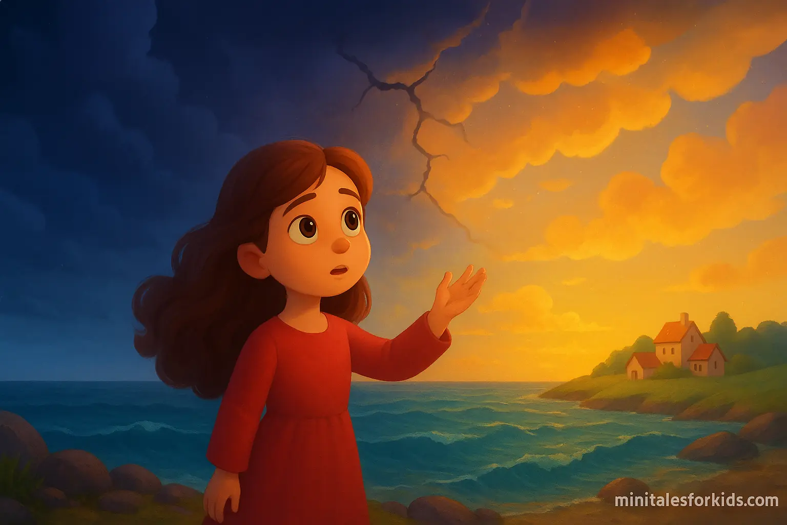 A 3D animated fairy tale image showing a little girl standing by the sea under a shattered sky.