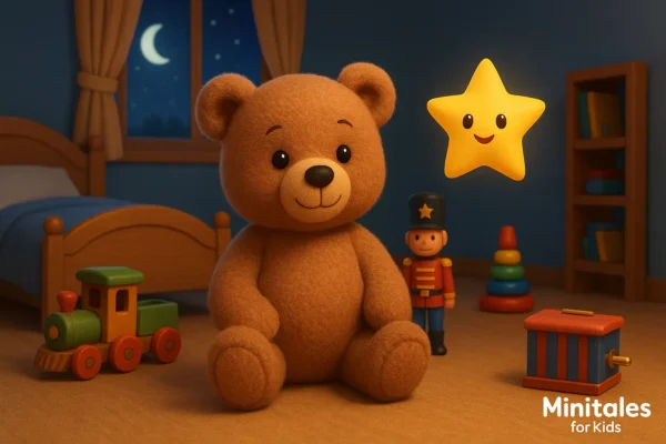 The 3D animated scene, set in a child's room and featuring the adorable teddy bear Teddy, creates a fairytale atmosphere with the Happiness Star.