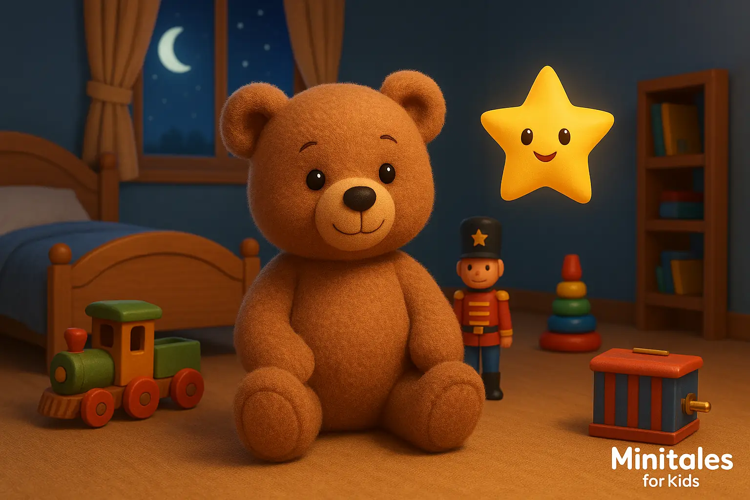 The 3D animated scene, set in a child's room and featuring the adorable teddy bear Teddy, creates a fairytale atmosphere with the Happiness Star.