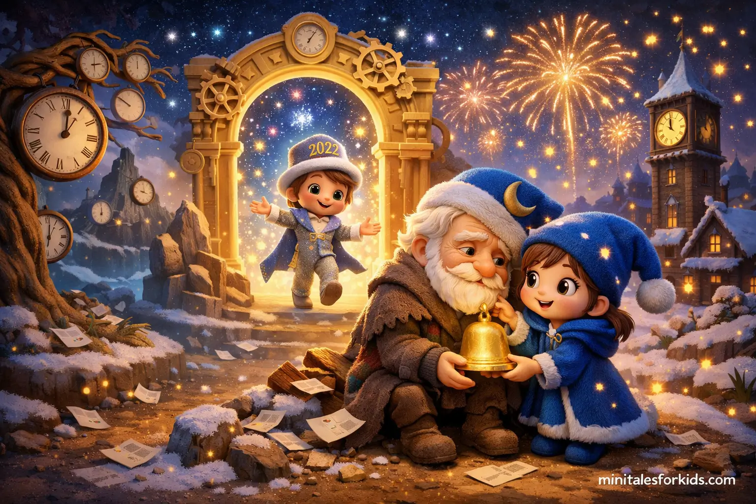 A horizontal 3D animated children's fairy tale image showing the moment Luna finds the Golden Bell in a New Year's story.