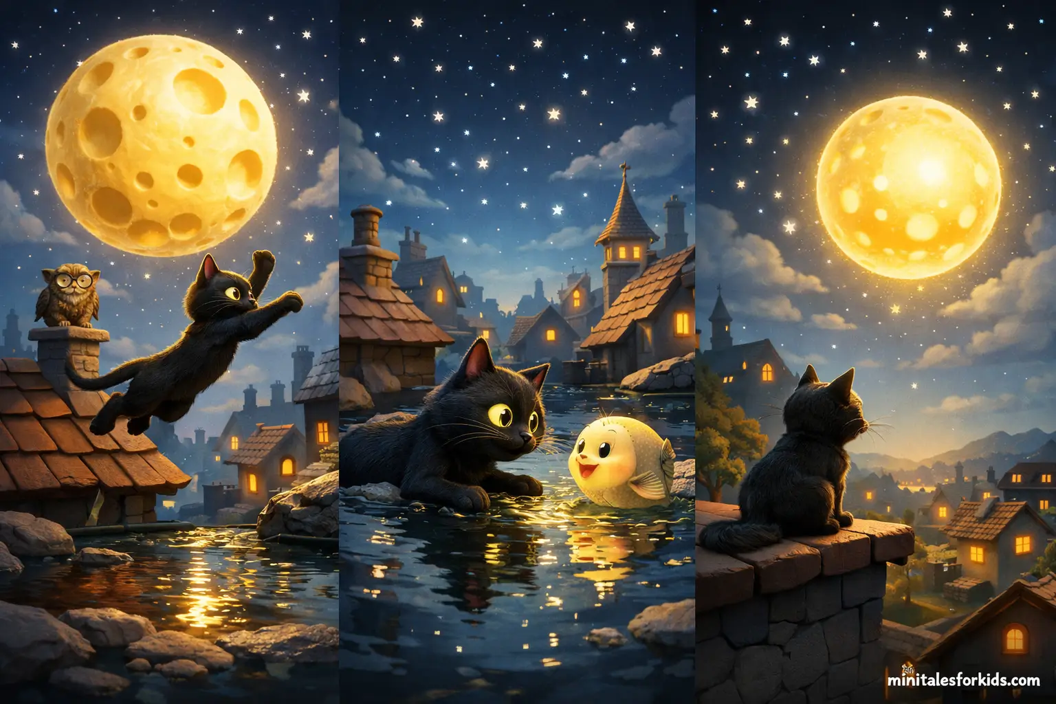 A wordless 3D children's animation scene telling the story of Miskin, a cute black cat living under the moonlight, chasing moon cheese.