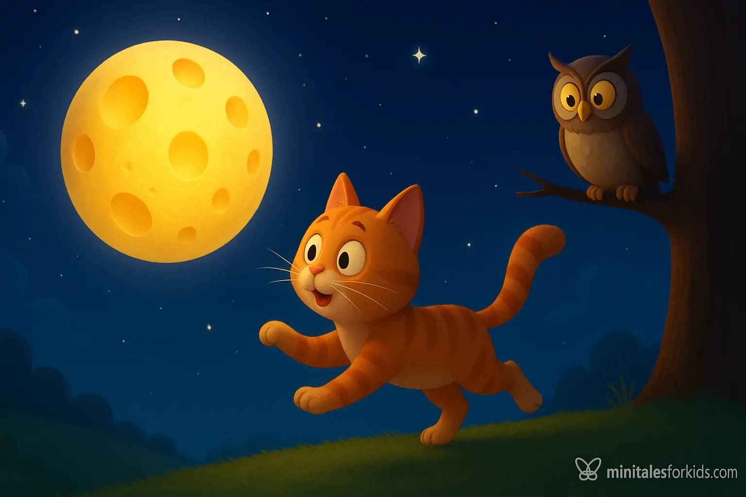 3D animated illustration featuring a cute orange cat chasing the cheese-shaped Moon in the night sky and a wise owl watching from a tree branch.