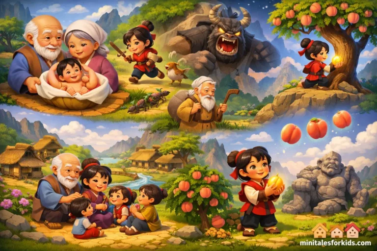 A wordless 3D children's story animation featuring an elderly couple and a giant character, telling the tale of a child born from a peach pit.