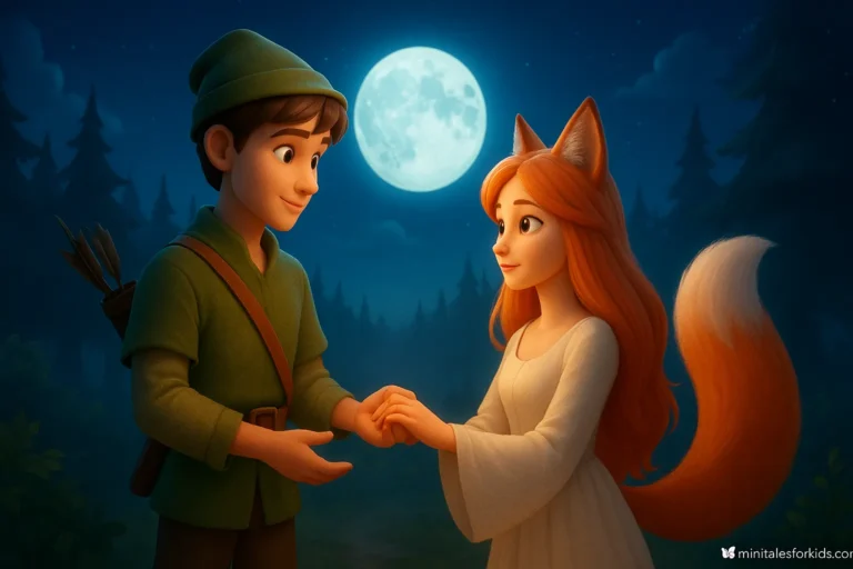 A 3D animated scene from the Moon Mountain fairy tale where Arin and the Fox Bride meet under the moonlight.
