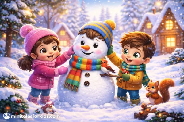 A 3D animated scene from a winter fairy tale about the kind snowman Pamuk and the children, illustrating the importance of cooperation.