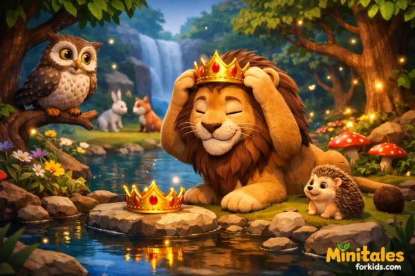 A horizontal 3D animated children's story visual depicting the tale of the Lion's Lost Crown, featuring a cute lion finding his crown and forest animals.