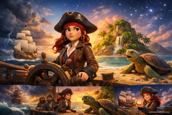 A horizontal 3D animated pirate fairy tale for children, telling the story of a pirate who lost his compass.