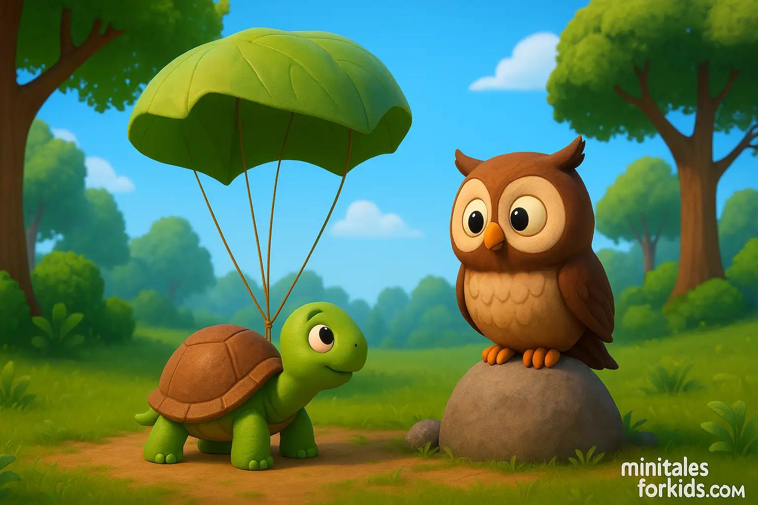 A 3D animated forest scene where a turtle who wants to fly talks to a wise owl using a leaf parachute – a children's fairy tale visual.