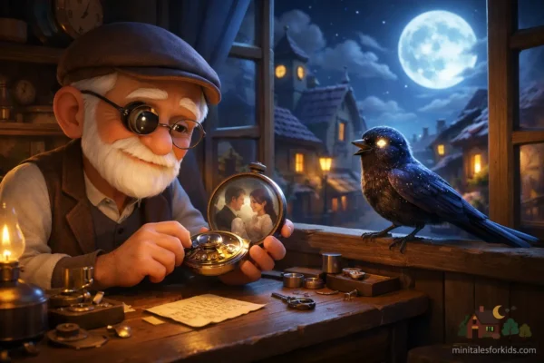 An old watchmaker repairing clocks at night and a mysterious sparrow perched on the windowsill – a 3D fairytale scene for children.