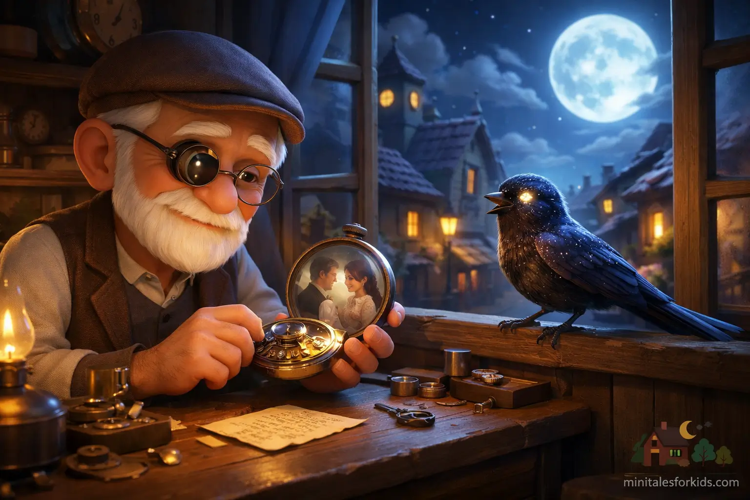 An old watchmaker repairing clocks at night and a mysterious sparrow perched on the windowsill – a 3D fairytale scene for children.