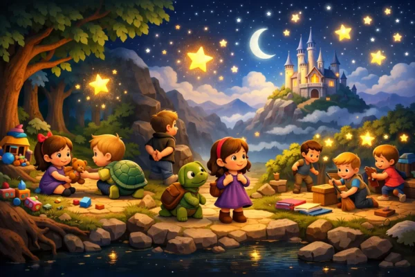 A 3D animated scene from the Lost Kingdom of Stars, featuring children and a wise turtle, symbolizing sharing and diligence.