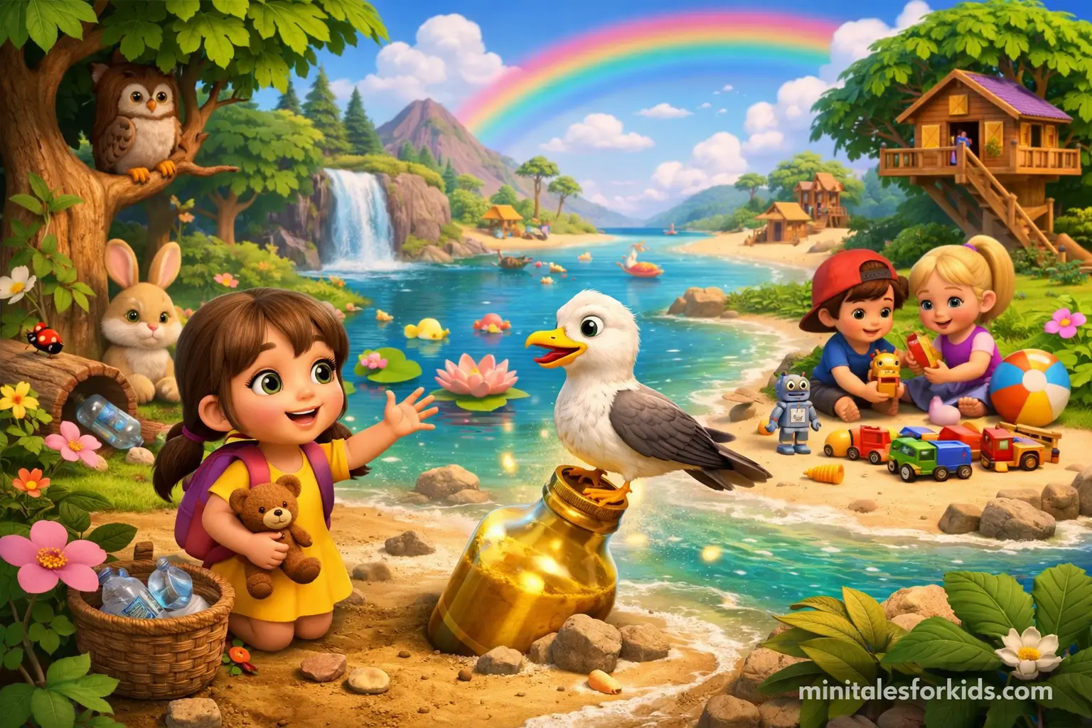 A 3D animated children's fairy tale scene showing Olive and Mira the Wise Seagull's magical island adventure where they learn about protecting nature.