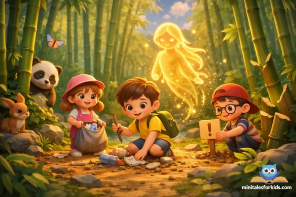 A 3D animated scene showing children cleaning up trash in a bamboo forest and the vibrant spirit of the bamboo forest protecting nature.