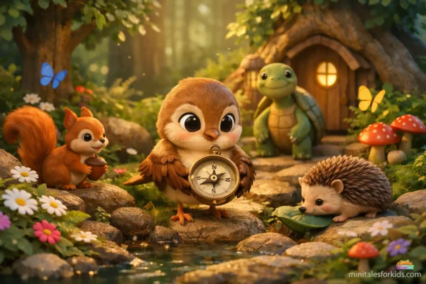 A 3D animated children's visual featuring a cute nightingale holding a compass and forest animals, telling the story of "The Nightingale's Compass."