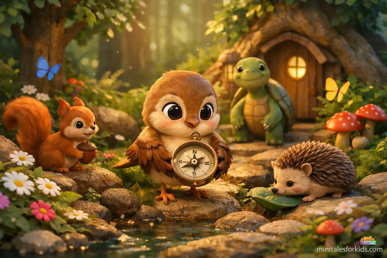 A 3D animated children's visual featuring a cute nightingale holding a compass and forest animals, telling the story of "The Nightingale's Compass."
