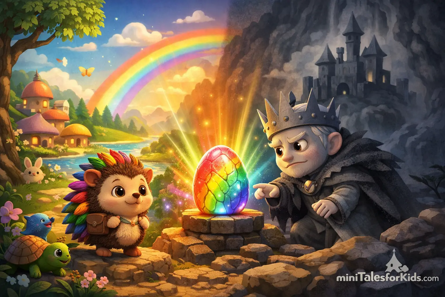 Lorin the brave hedgehog and the colorful rainbow stone from the tale of The Stolen Rainbow Stone, in a 3D animated fairytale scene for children.