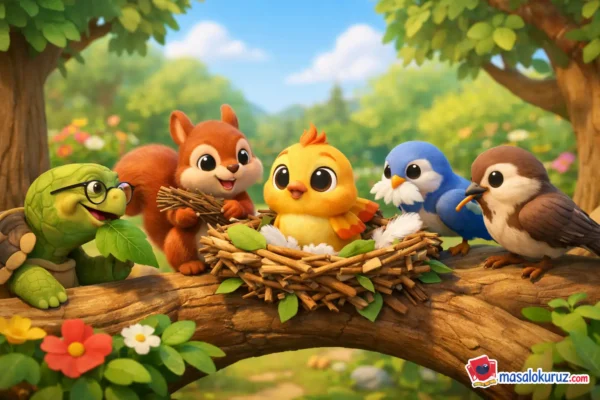 A 3D educational children's story animation scene featuring a princess and animal characters learning patience, telling the story of Sleeping Beauty.