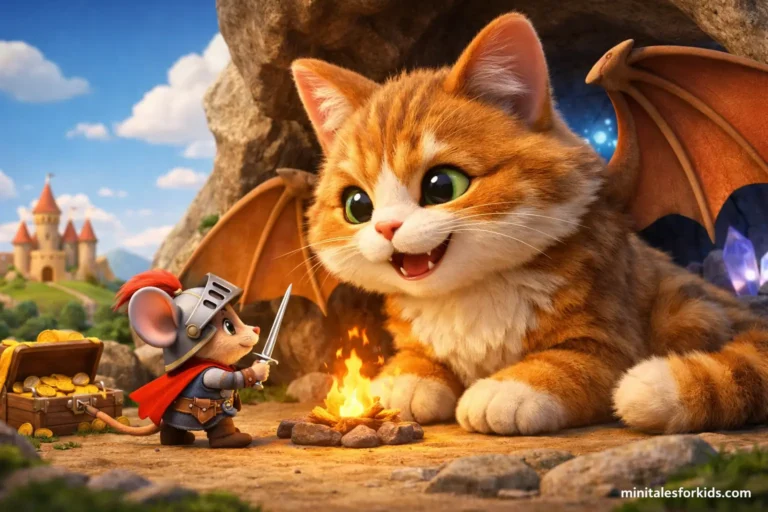 3D animated fairytale scene of a mouse knight and a friendly giant cat dragon.