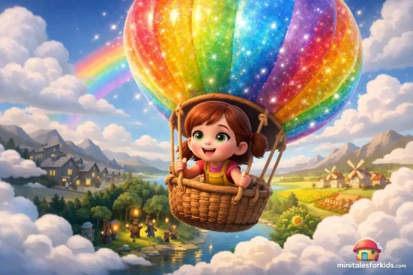A happy little girl flying in the sky with a rainbow balloon, a 3D animated children's fairy tale scene.