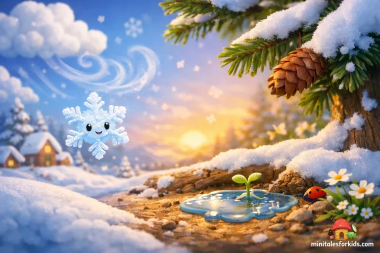 A 3D animated fairy tale illustration for children, themed around the transition from winter to spring, featuring a lost little snowflake.