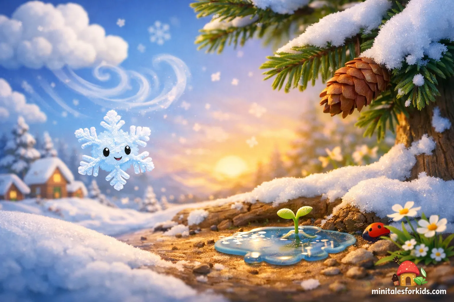 A 3D animated fairy tale illustration for children, themed around the transition from winter to spring, featuring a lost little snowflake.