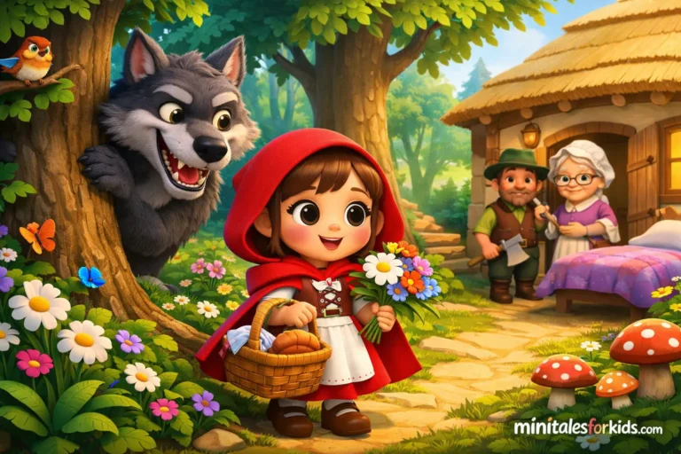 A 3D animated fairytale scene from the forest: Little Red Riding Hood in a red cloak walking with her basket, while the wolf secretly watches from behind and the grandmother's house is visible.