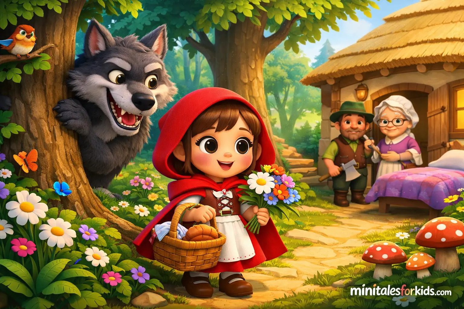 A 3D animated fairytale scene from the forest: Little Red Riding Hood in a red cloak walking with her basket, while the wolf secretly watches from behind and the grandmother's house is visible.