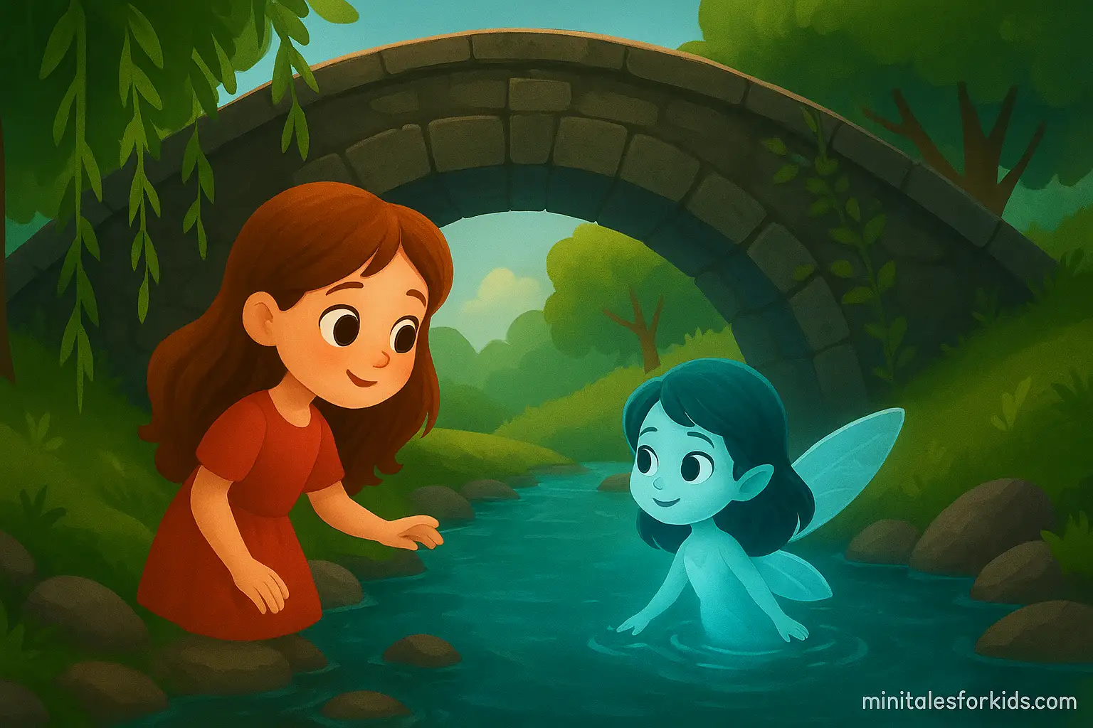 3D fairy tale illustration of a girl talking to a water fairy under a bridge