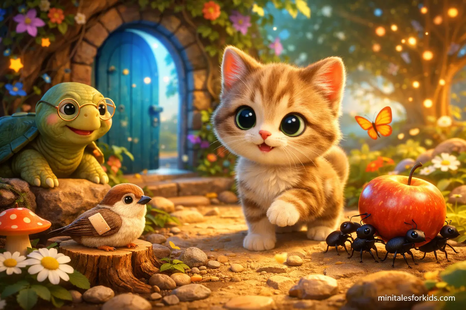 An educational 3D fairy tale image for children, featuring the curious kitten Miskin helping animals in a magical garden.