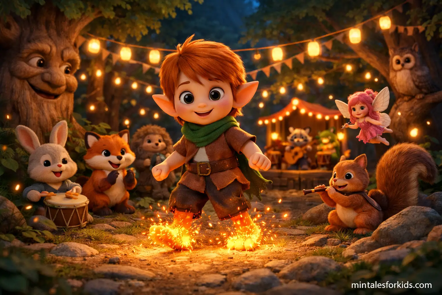 A 3D animated children's fairy tale scene depicting Emberfoot and the Festival of Sparks, featuring a cute character with feet that emit sparks.