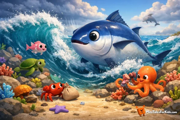 A colorful 3D children's fairy tale scene from the Curved Sea where Tomo the giant tuna and his friends brave a storm together.