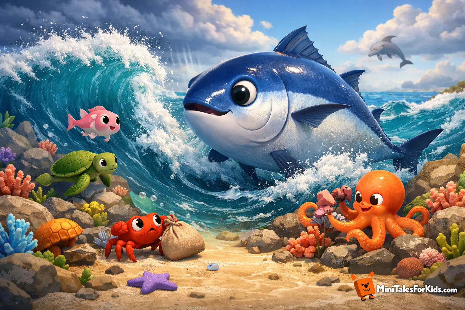 A colorful 3D children's fairy tale scene from the Curved Sea where Tomo the giant tuna and his friends brave a storm together.