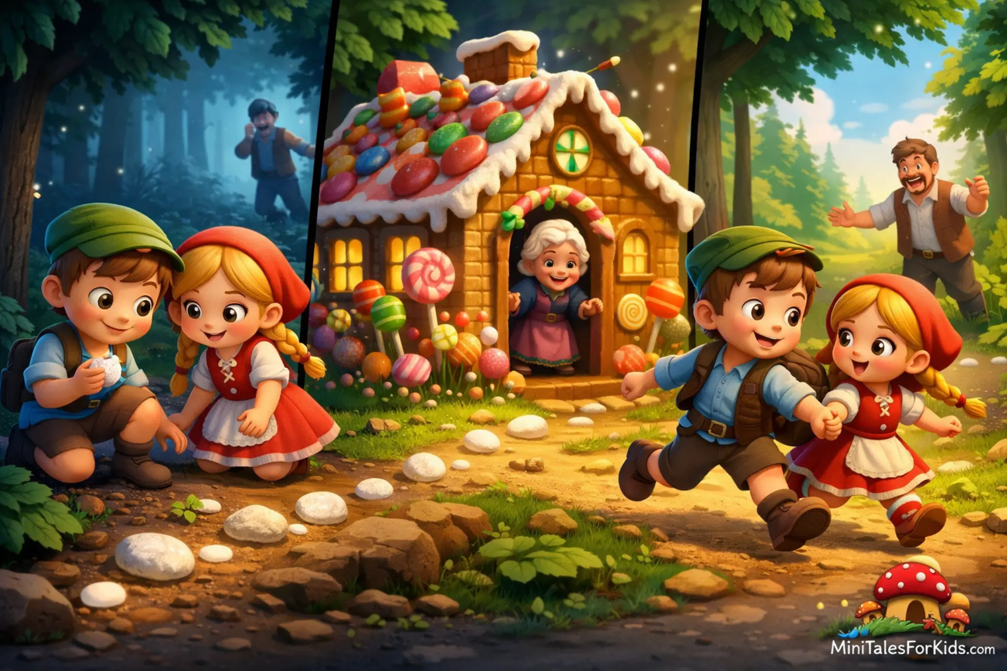 A 3D animated illustration of a children's fairy tale set in a forest with a gingerbread house, retelling the story of Hansel and Gretel.