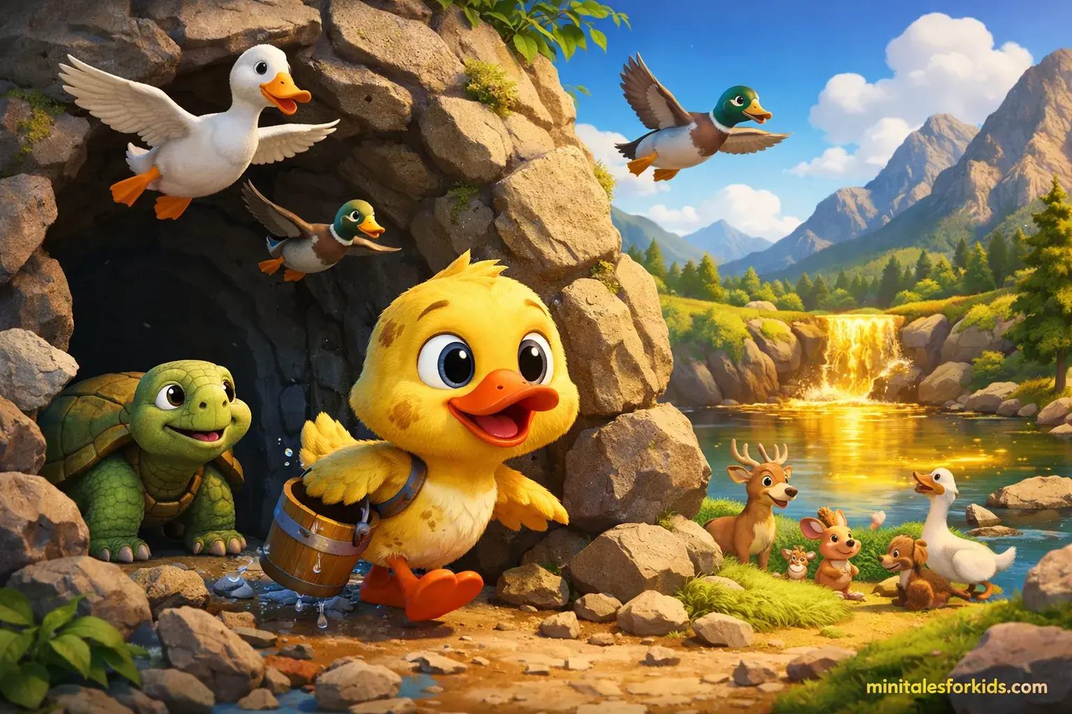A 3D animated visual of an educational children's story featuring the Impossibly Lucky Duck, who couldn't fly but saved the lake with his courage.