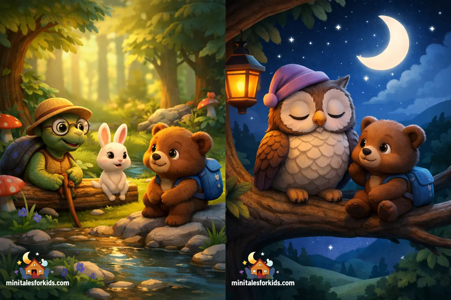 scene from the fairy tale "Little Bear is Looking for Sleep," featuring a cute bear and a night owl talking to animals in the forest, a 3D animated children's fairy tale image.